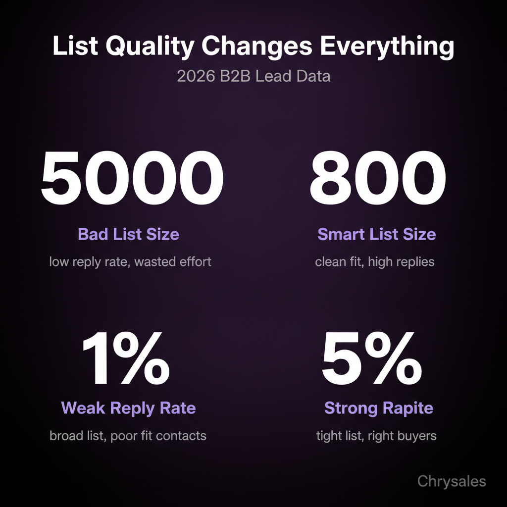 Stat grid infographic comparing bad versus smart B2B lead list sizes and reply rates