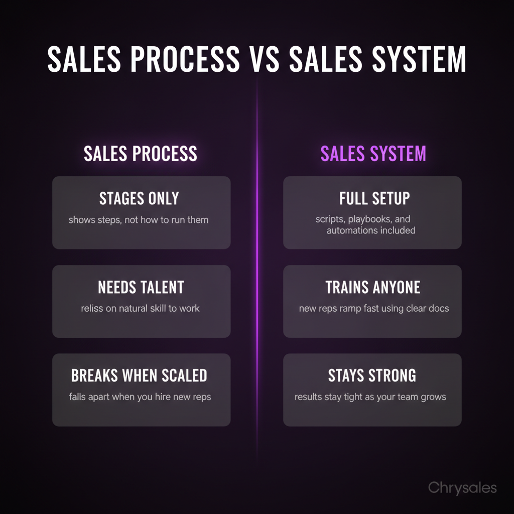 Side by side comparison of sales process versus full sales system for B2B teams