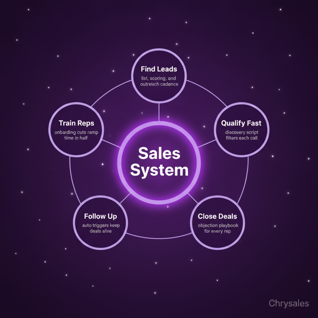 Hub and spoke diagram showing five core parts of a B2B sales system