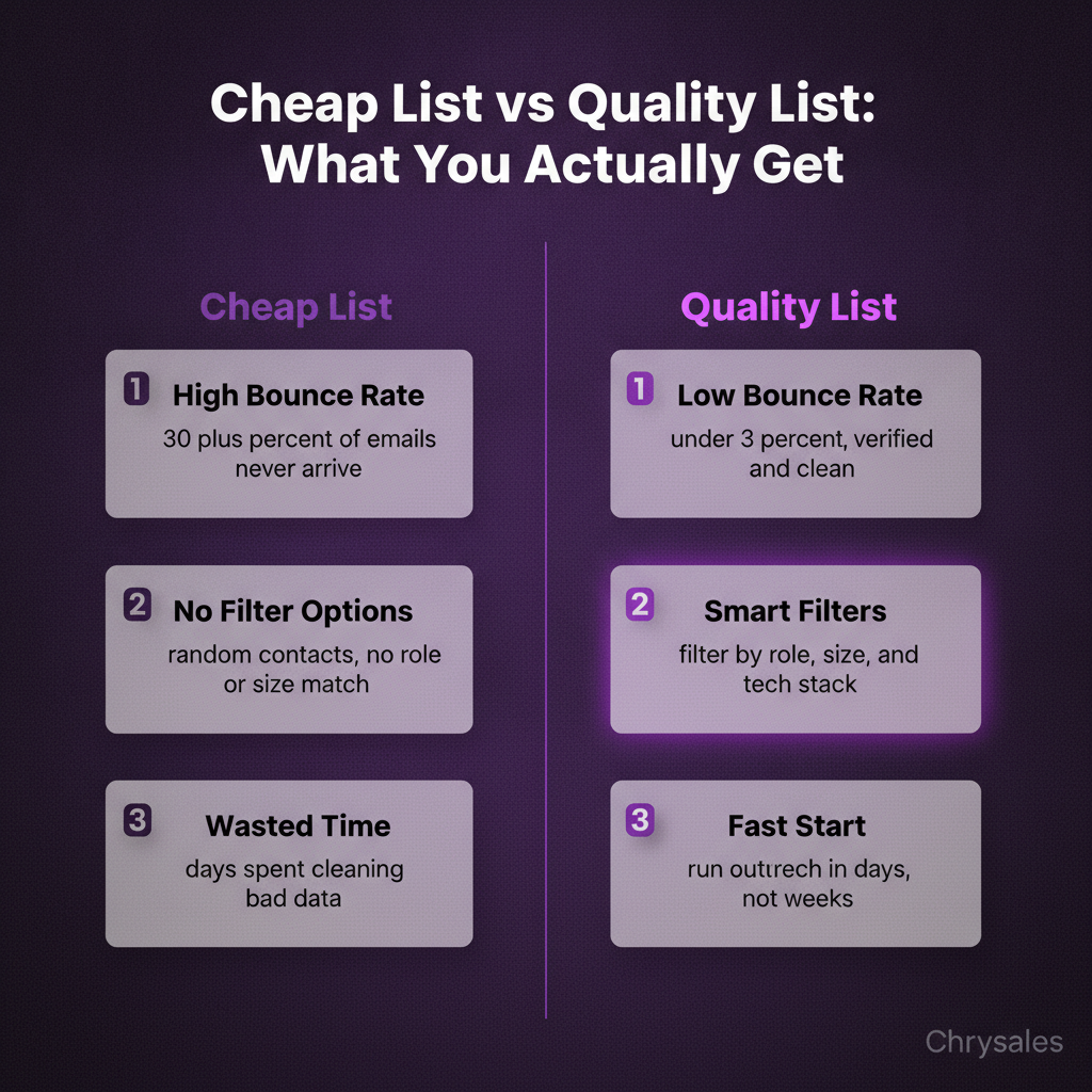 Side by side comparison of cheap versus quality B2B lead lists