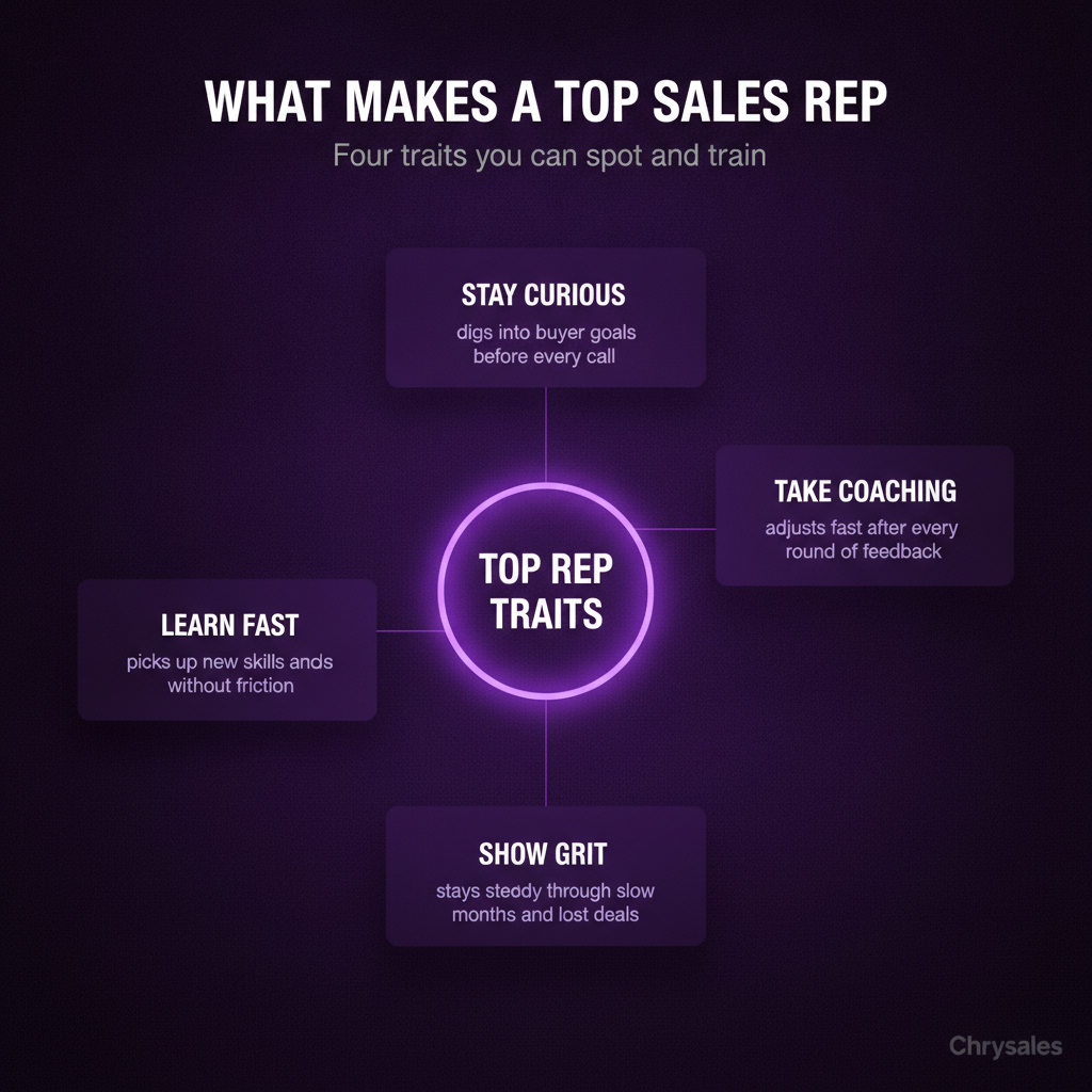 Hub and spoke diagram showing four key traits of top performing sales reps