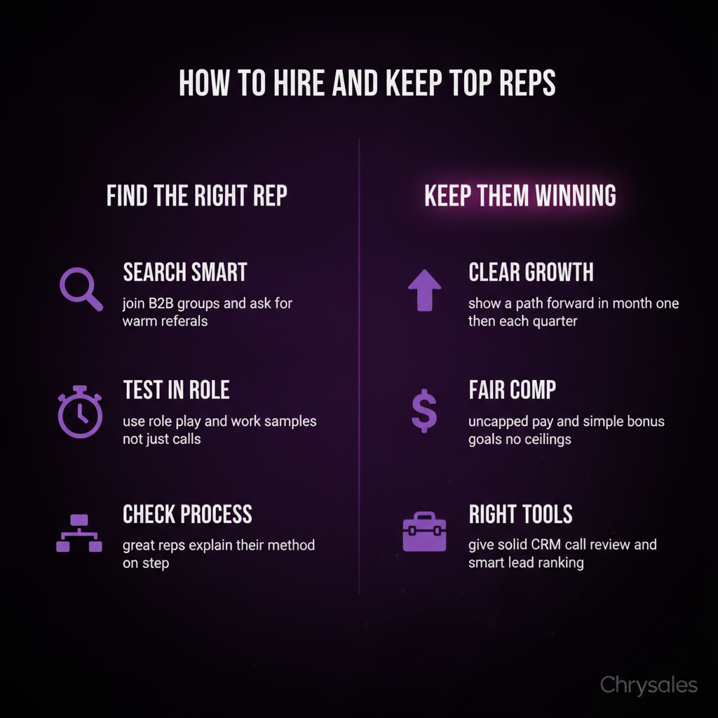 Side by side comparison of how to find and keep top B2B sales reps
