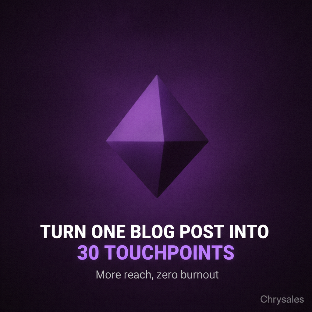 3D prism glowing violet above bold headline about turning one blog post into 30 content touchpoints