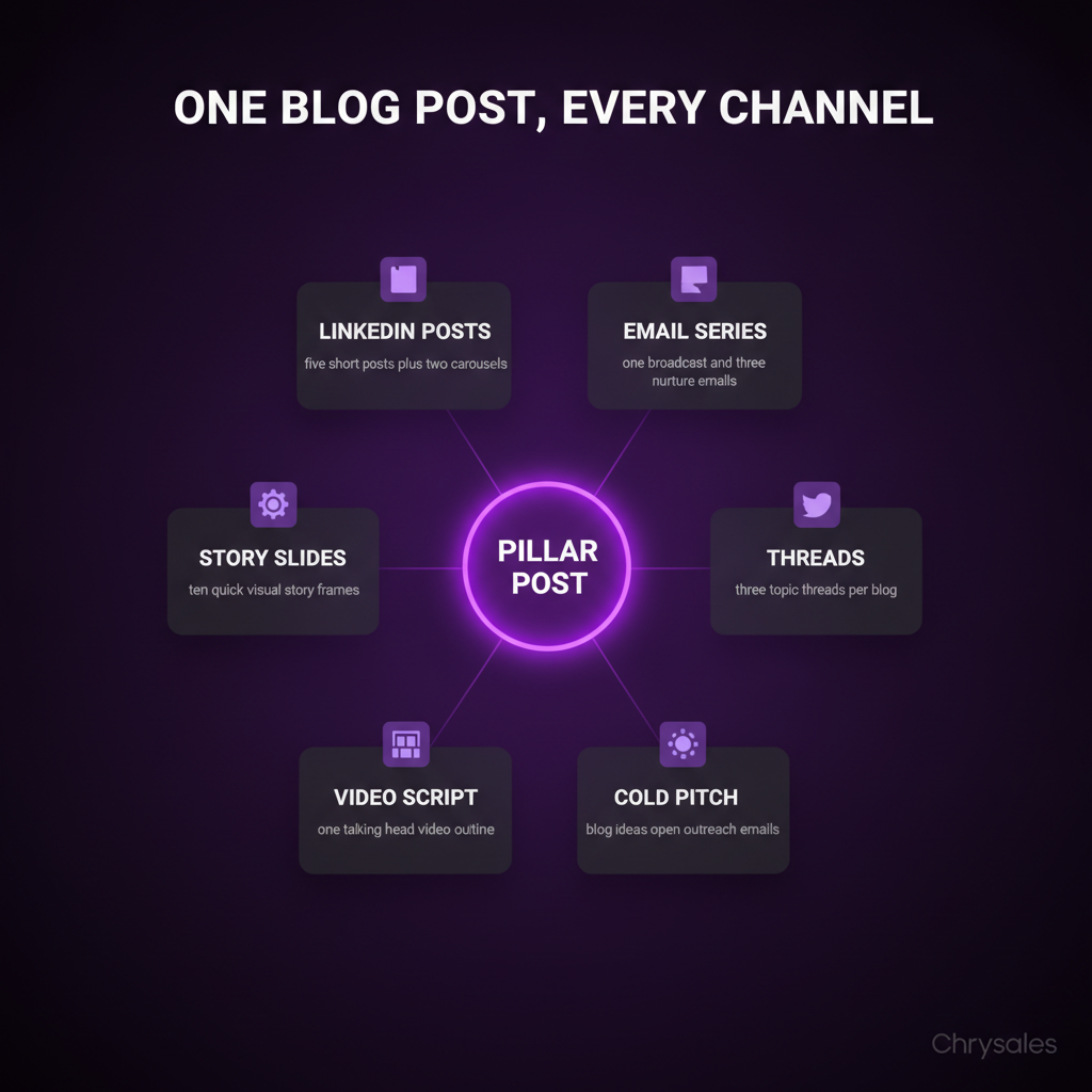 Hub and spoke infographic showing one blog post distributed across six B2B content channels