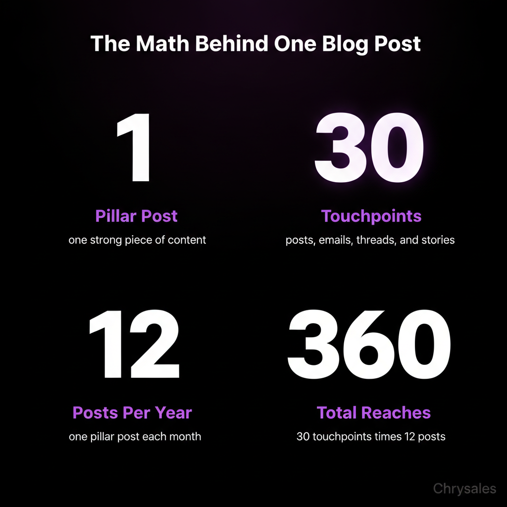 Stat grid infographic showing one blog post creating 30 touchpoints and 360 total annual reaches