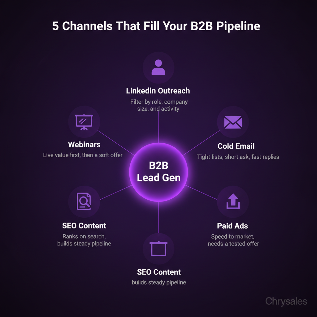Hub and spoke chart showing five B2B lead generation channels around a central concept