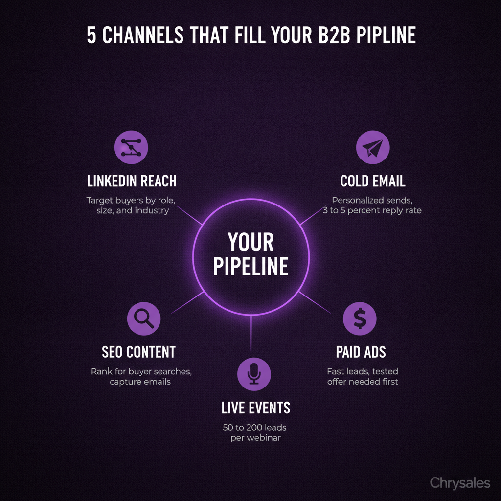 Hub and spoke diagram showing five B2B lead generation channels feeding one pipeline