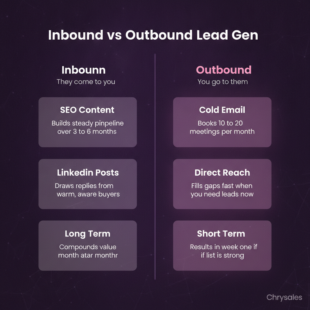 Split comparison infographic showing inbound versus outbound B2B lead generation strategies