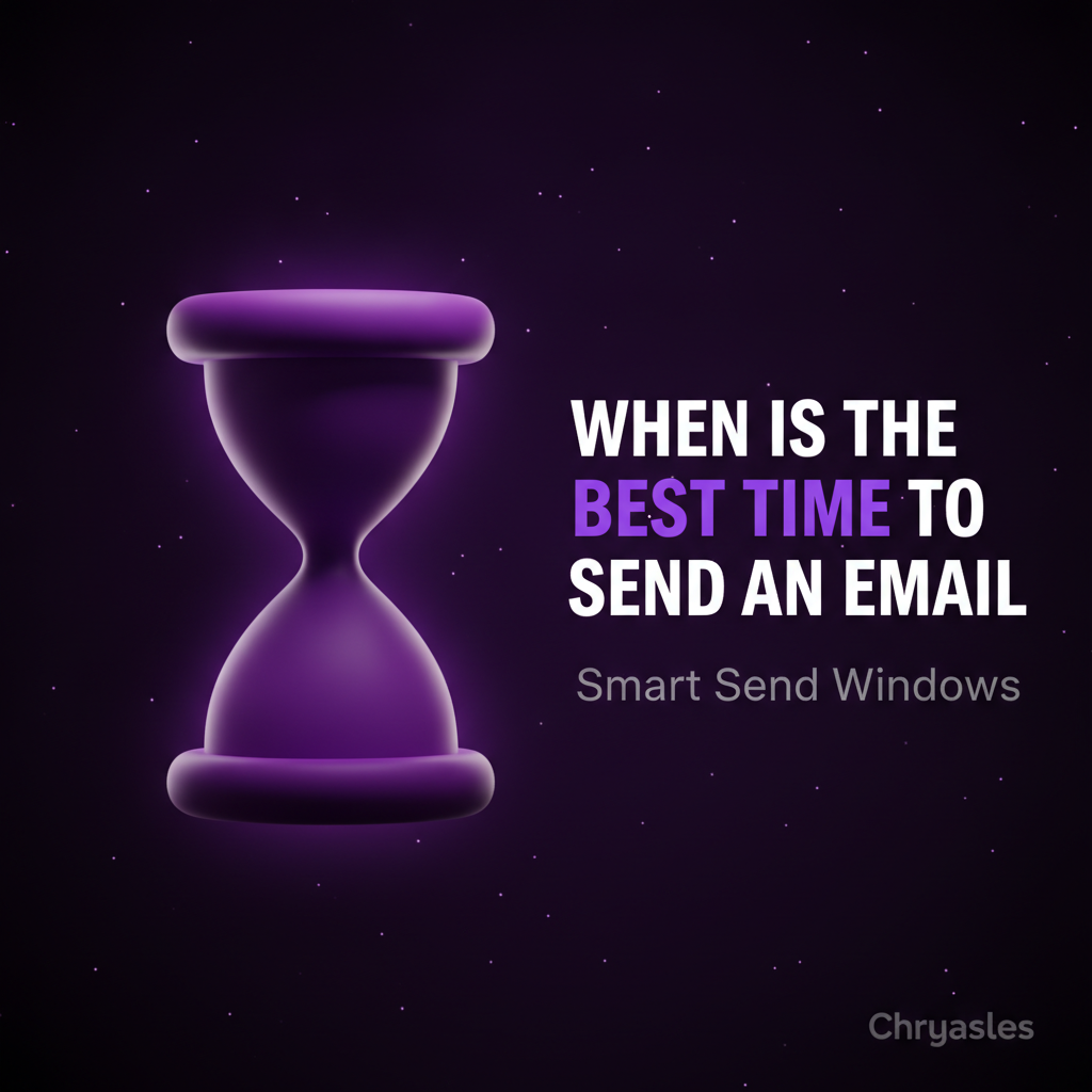 Premium hourglass visual with bold headline about best email send times for B2B