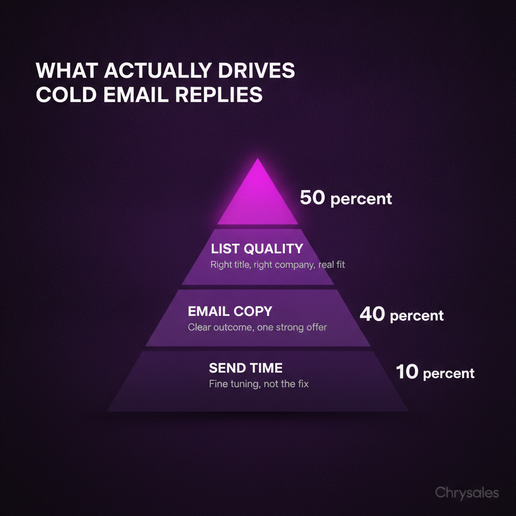 Pyramid infographic showing list quality, email copy, and send time driving cold email replies