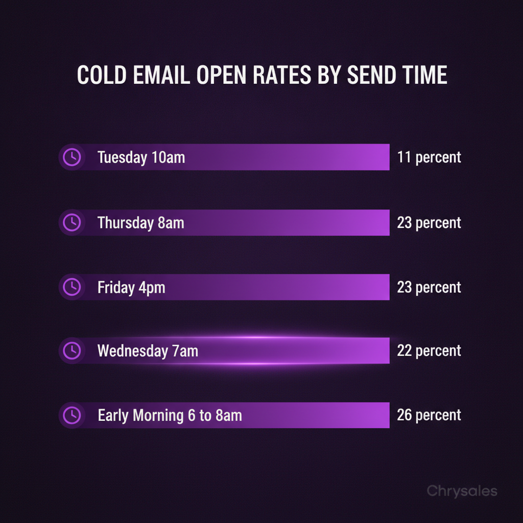 Horizontal bar chart comparing cold email open rates across different send times
