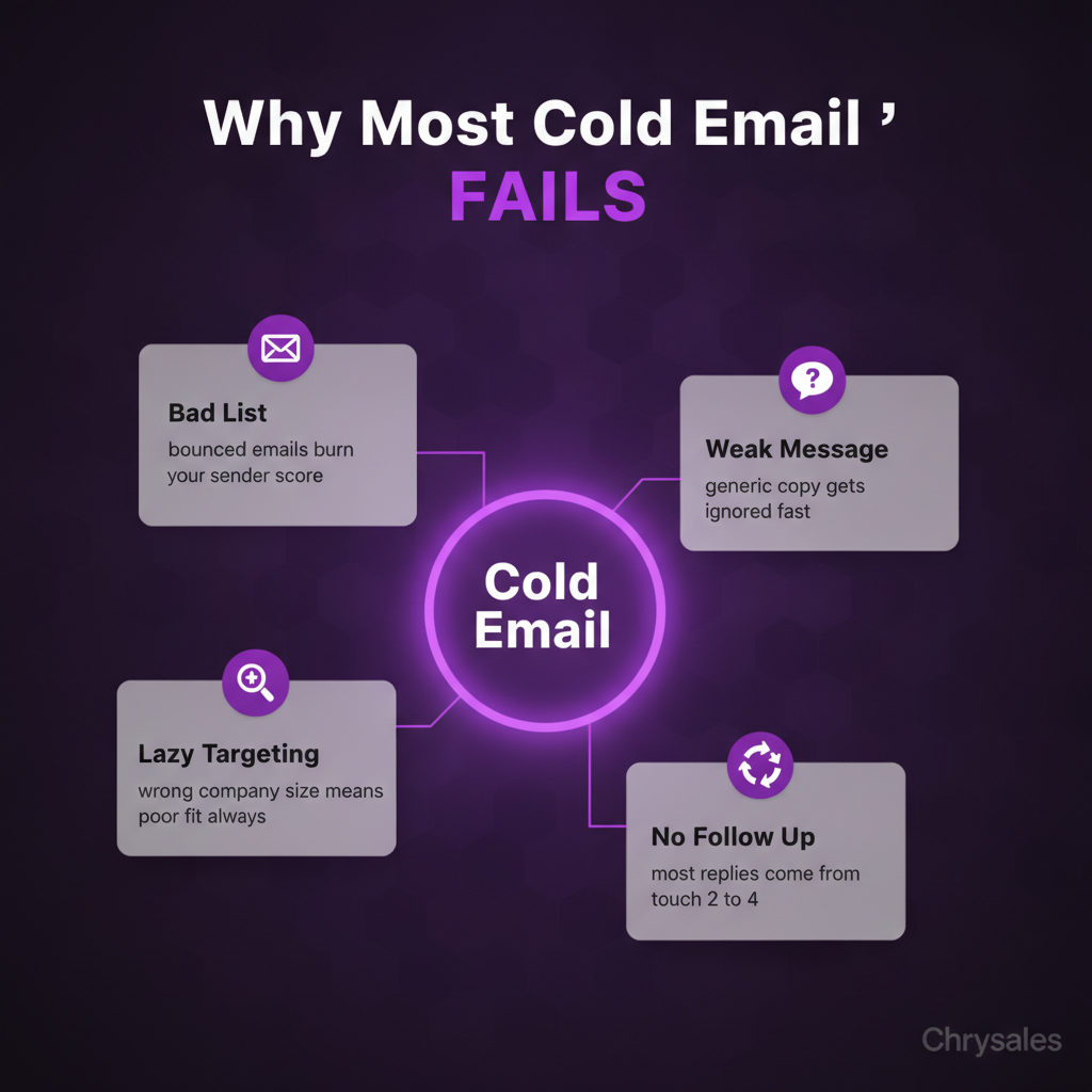 Hub and spoke diagram showing four core reasons cold email fails in B2B outreach