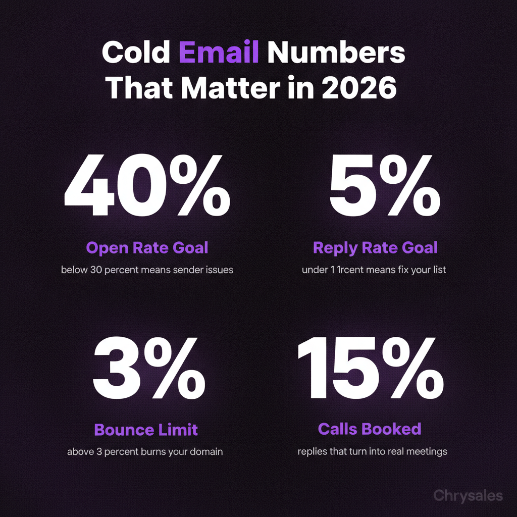 Stat grid showing four key cold email metrics including open rate and reply rate benchmarks