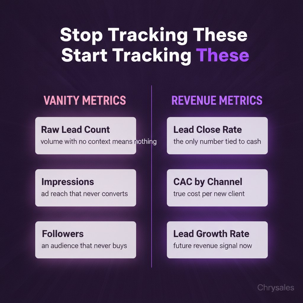 Comparison infographic contrasting vanity metrics versus real B2B revenue metrics