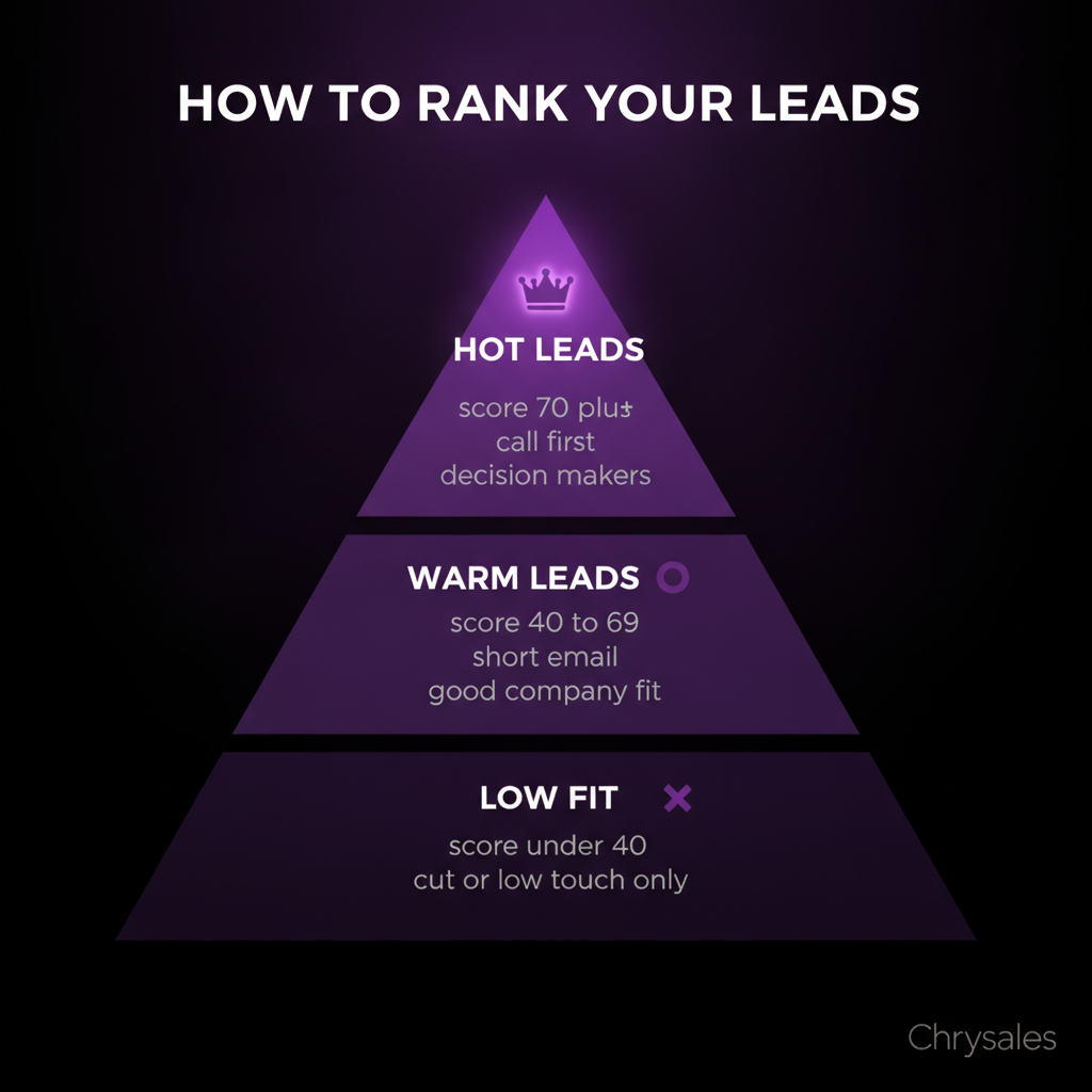 Purple pyramid showing three lead scoring tiers from hot leads to low fit