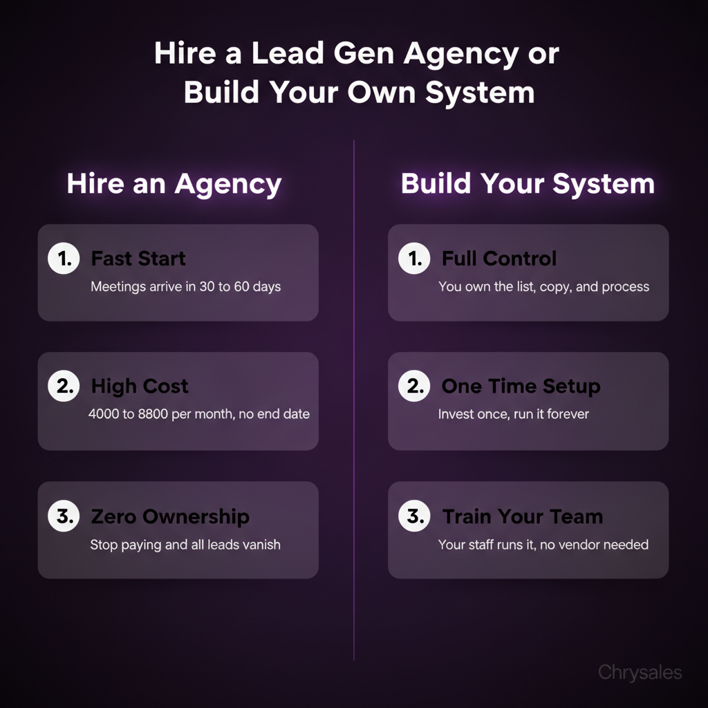 Side by side comparison of hiring a lead gen agency versus building your own outbound system