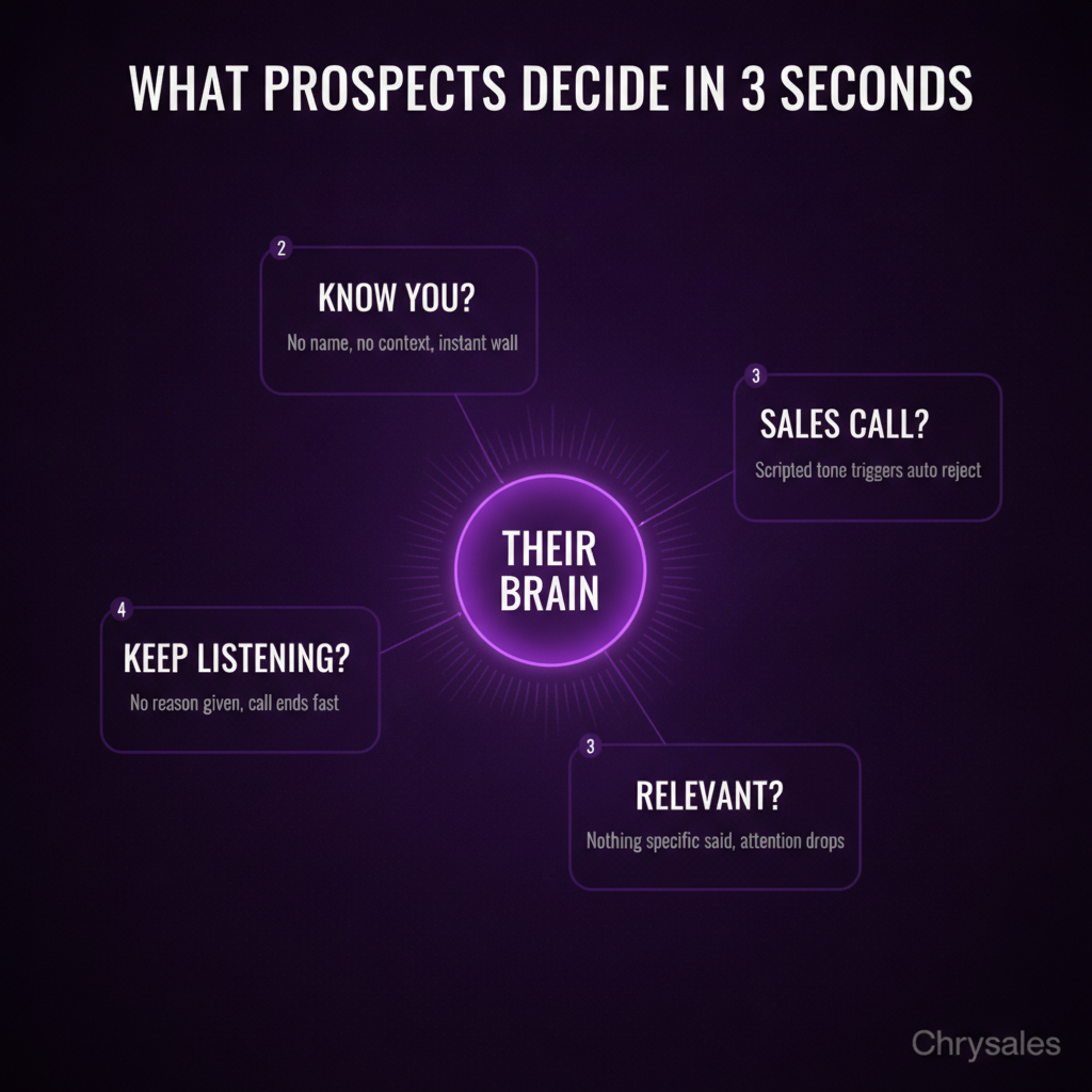 Hub and spoke diagram showing the four questions prospects ask during cold calls