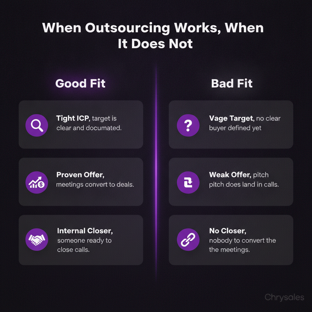 Comparison infographic showing when outsourced SDR work fits versus when it fails