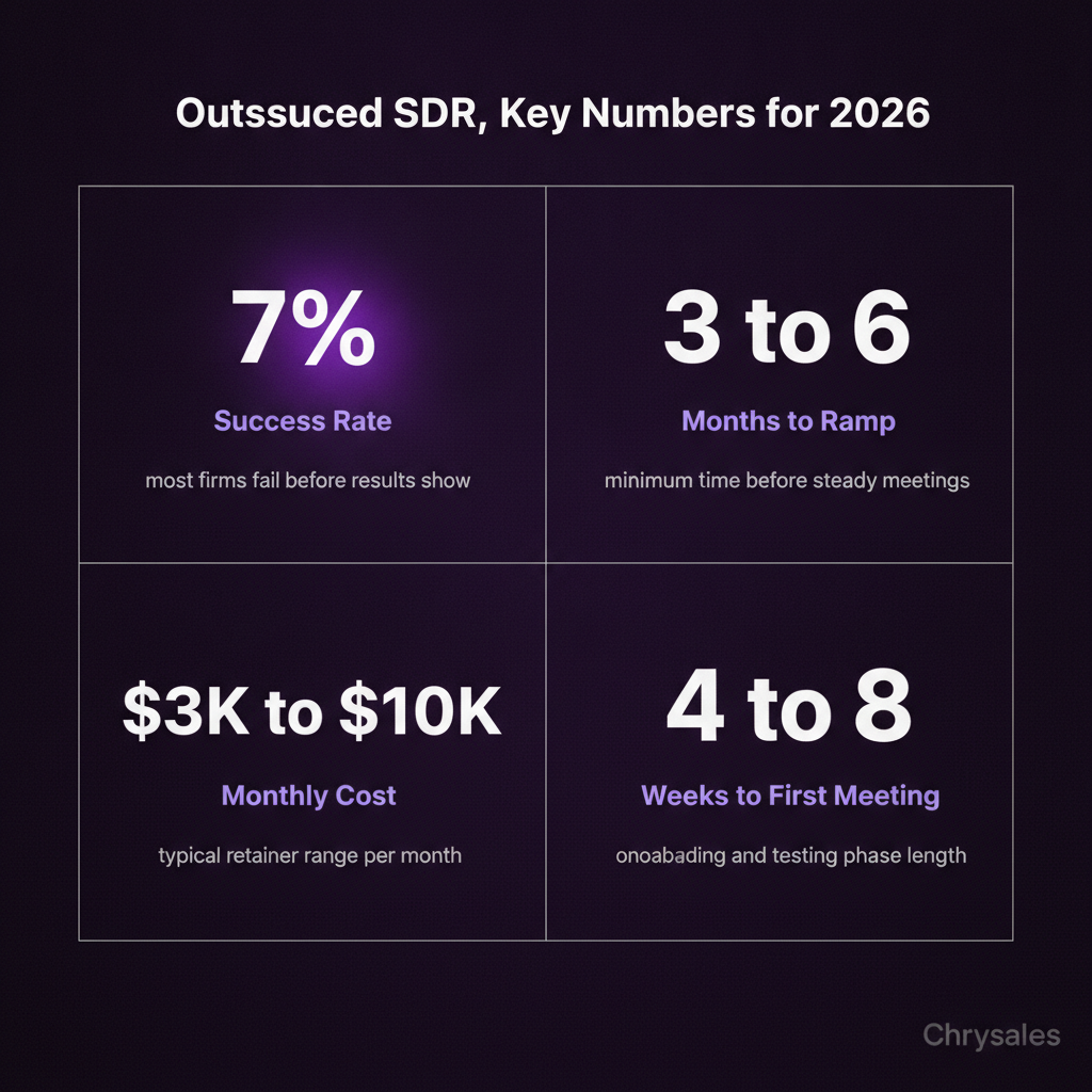 Stat grid infographic displaying four key outsourced SDR numbers including cost and timeline