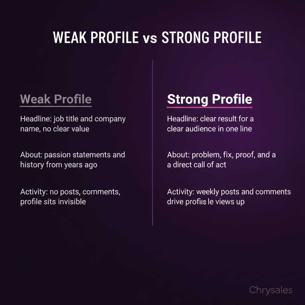 Split comparison infographic contrasting a weak LinkedIn profile against a strong optimized one