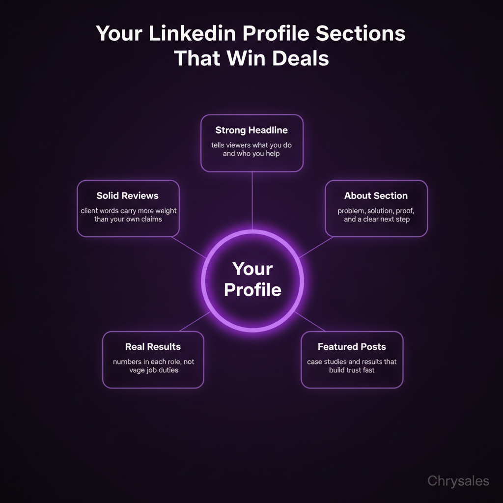 Hub and spoke infographic showing five LinkedIn profile sections that generate B2B leads