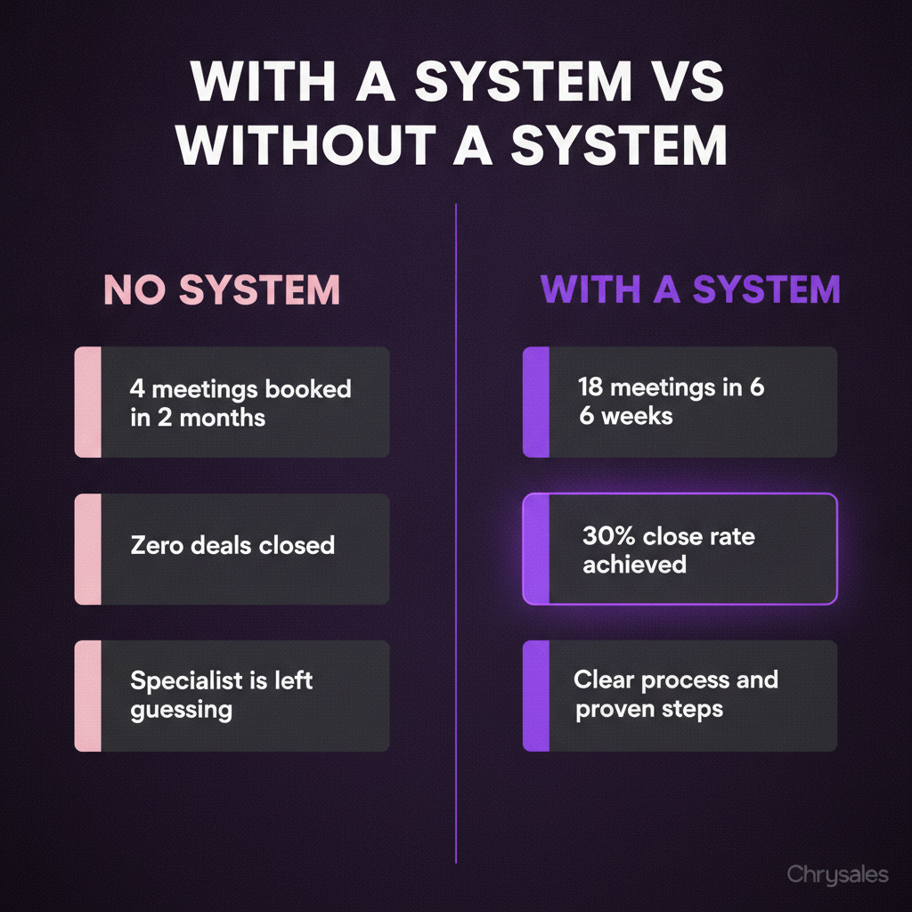 Split comparison showing lead gen results with a system versus without one