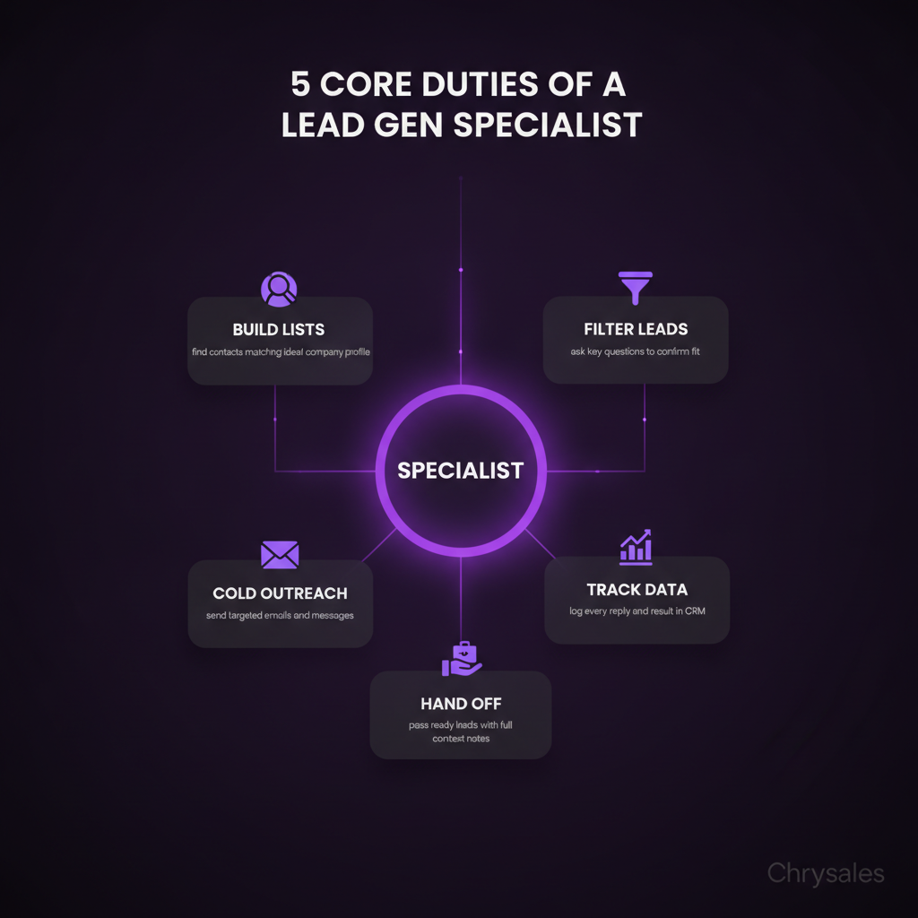 Hub and spoke chart showing five core duties of a lead generation specialist