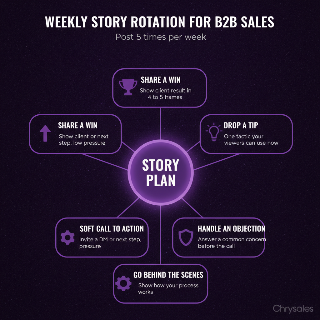 Hub and spoke chart showing a five day Instagram Stories content rotation plan