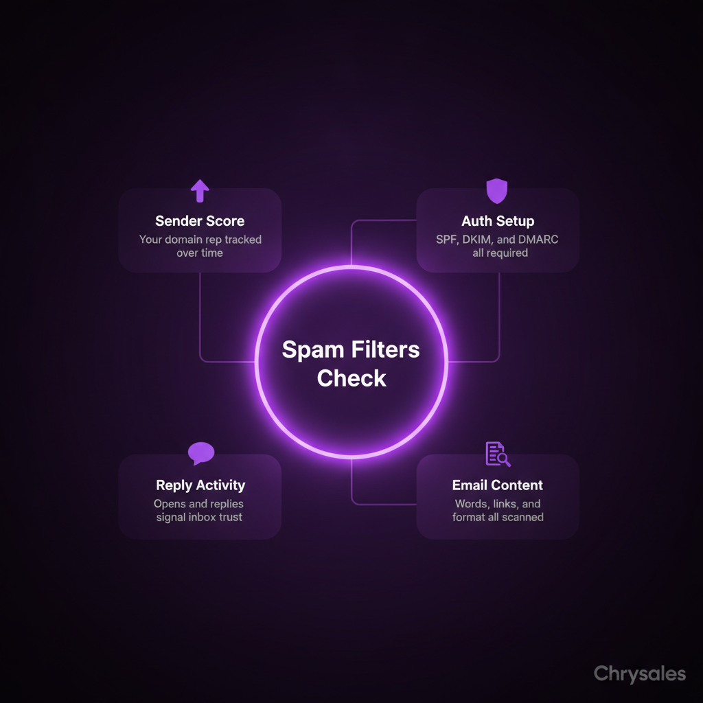 Hub and spoke diagram showing four key signals spam filters check on cold emails
