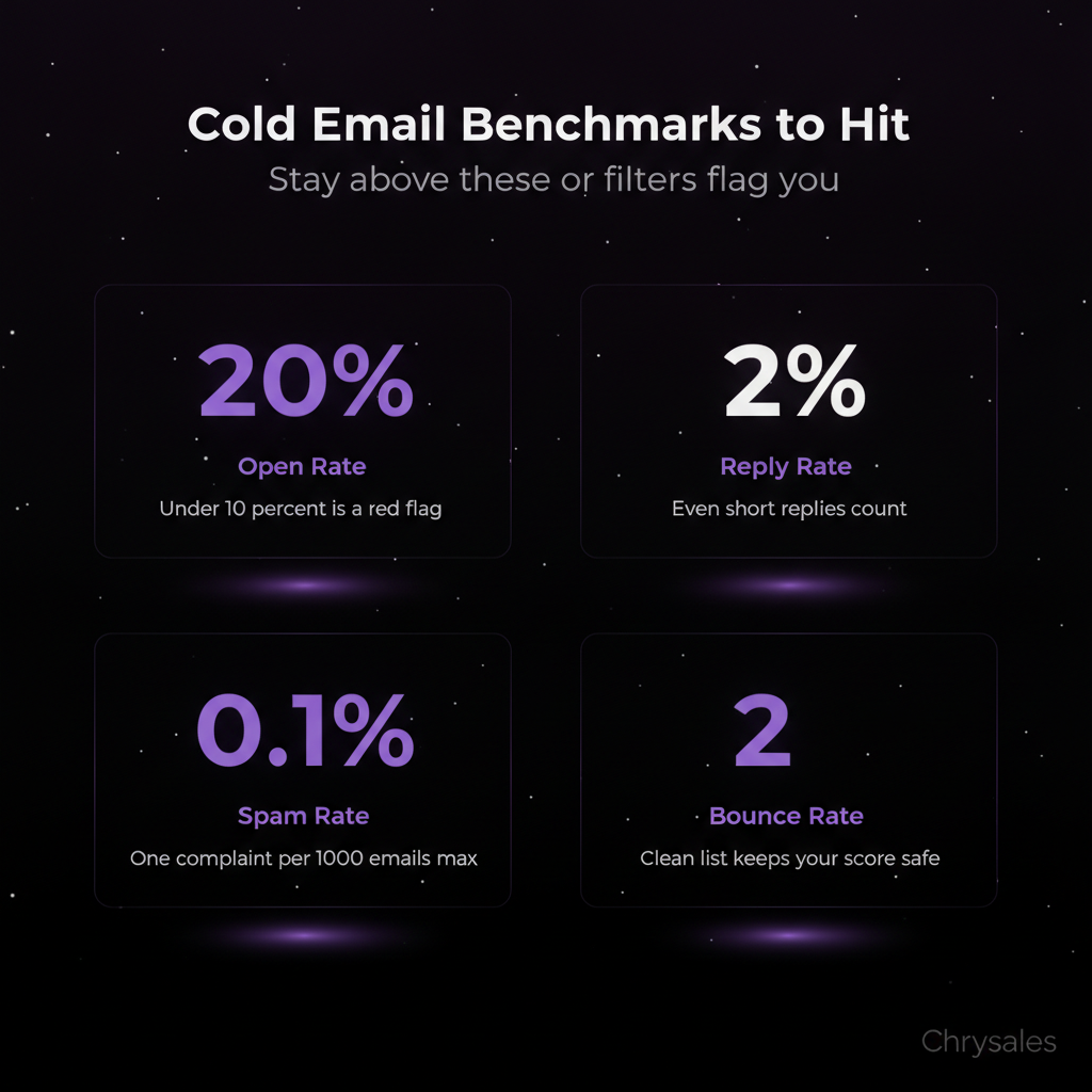 Stat grid showing four cold email benchmark numbers for open rate, reply rate, spam rate, and bounce rate