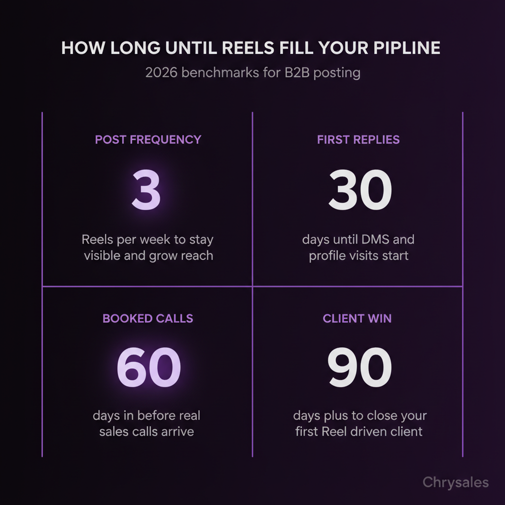 Stat grid showing B2B Reels timeline from posting frequency to first client win