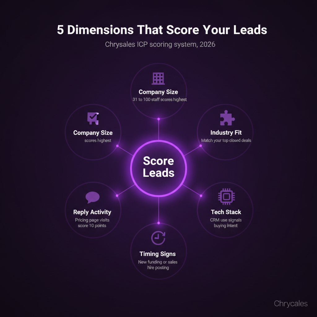 Hub and spoke infographic showing five ICP lead scoring dimensions for B2B