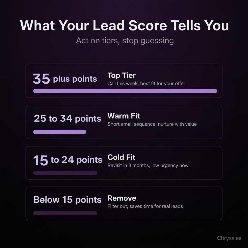 Bar chart infographic showing four B2B lead scoring tiers and next actions