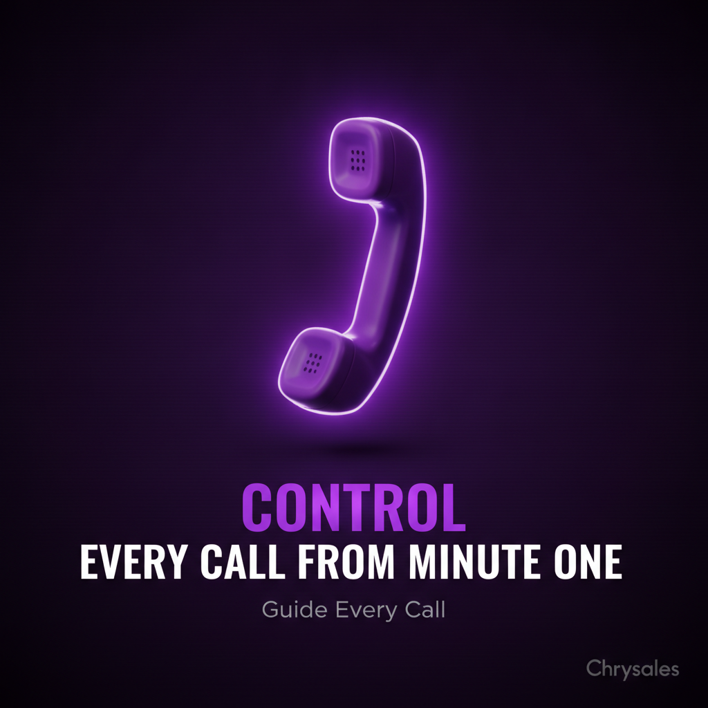 Sales conversation control concept with glowing 3D phone handset and bold title
