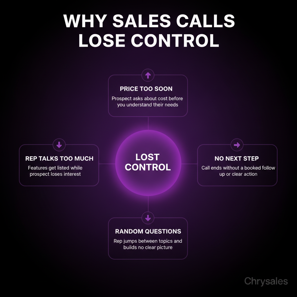 Hub and spoke infographic showing four reasons B2B sales calls lose control