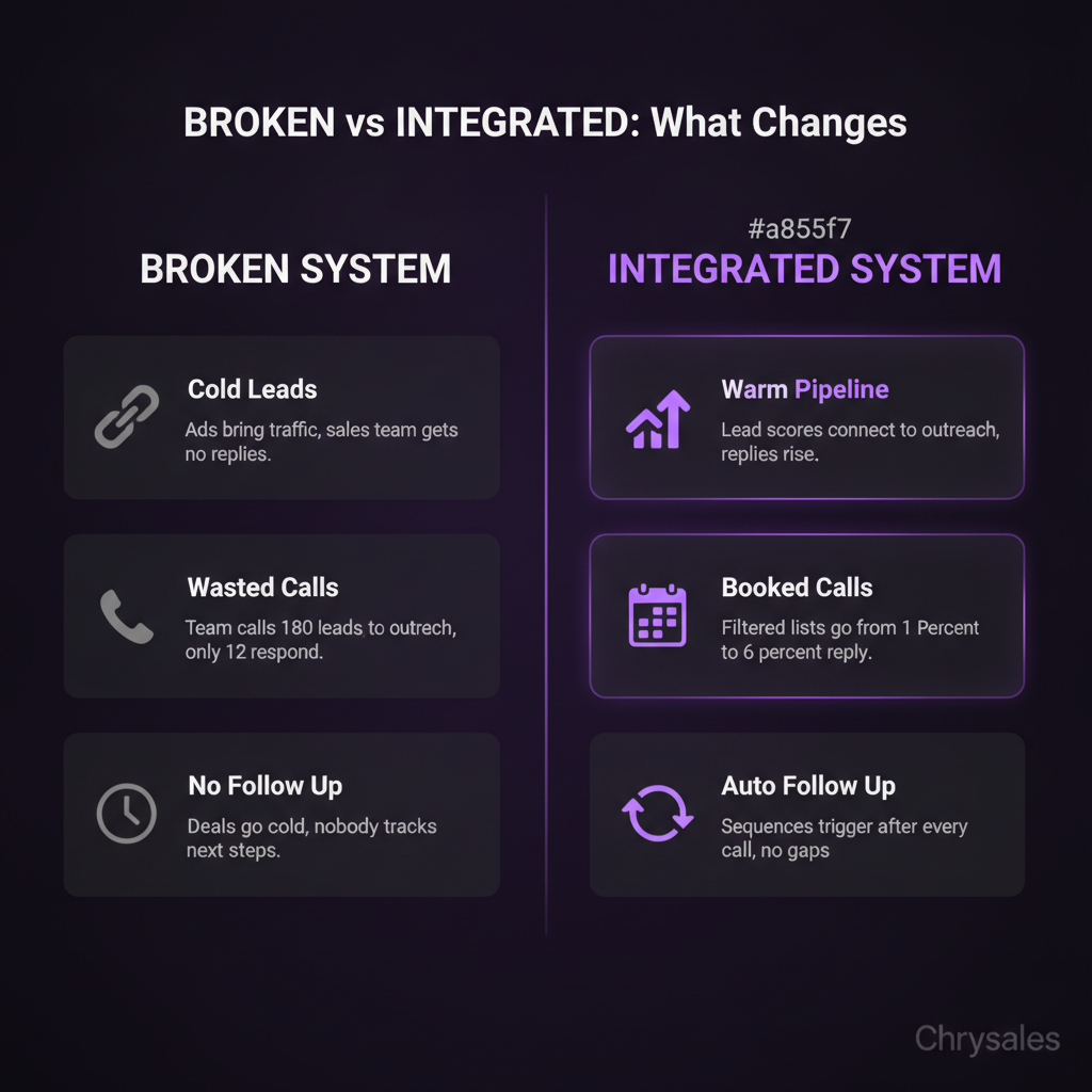 Side by side comparison of broken B2B sales systems versus integrated sales systems