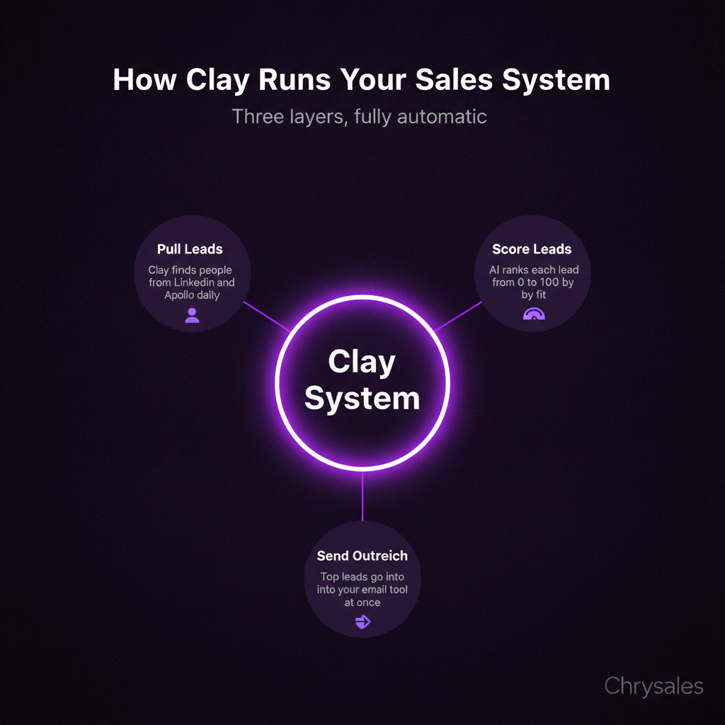 Hub and spoke diagram showing Clay automated sales system three core layers