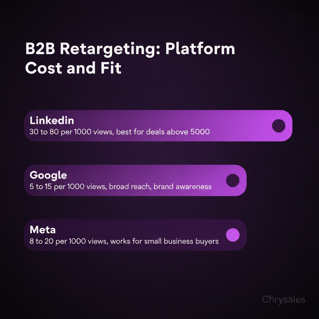 Horizontal bar chart comparing LinkedIn, Google, and Meta retargeting costs for B2B