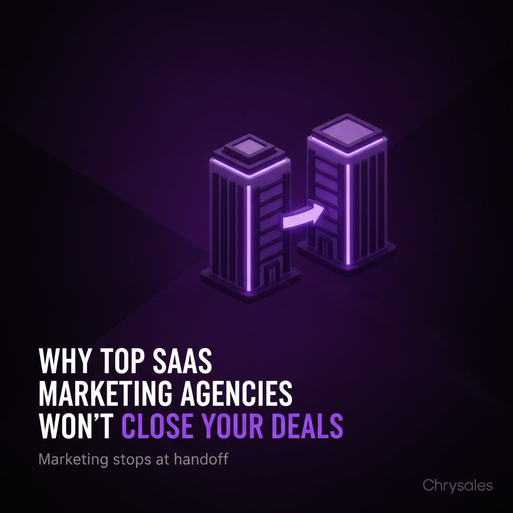 Two office buildings connected by a glowing arrow, SaaS marketing agencies versus sales closing