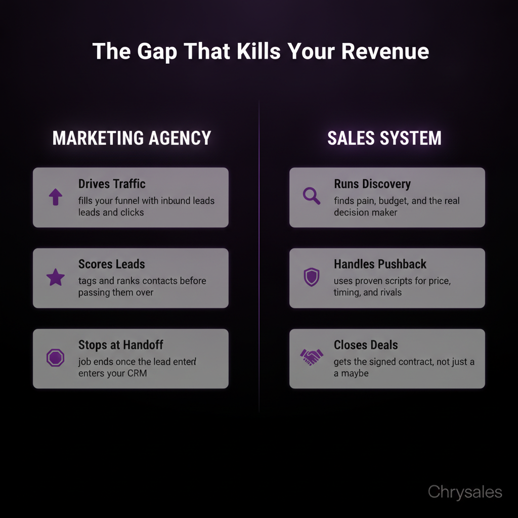 Side by side comparison of what marketing agencies do versus what a sales system does