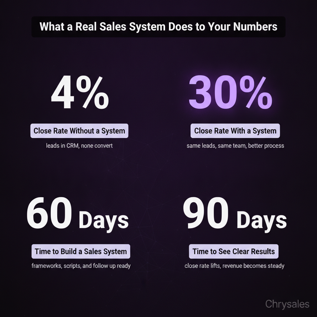 Four key stats showing close rate improvement from 4 percent to 30 percent with a sales system