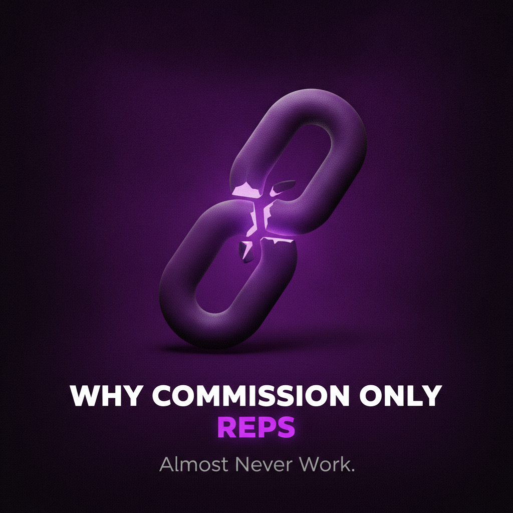 Commission only sales rep model failures explained with broken chain visual