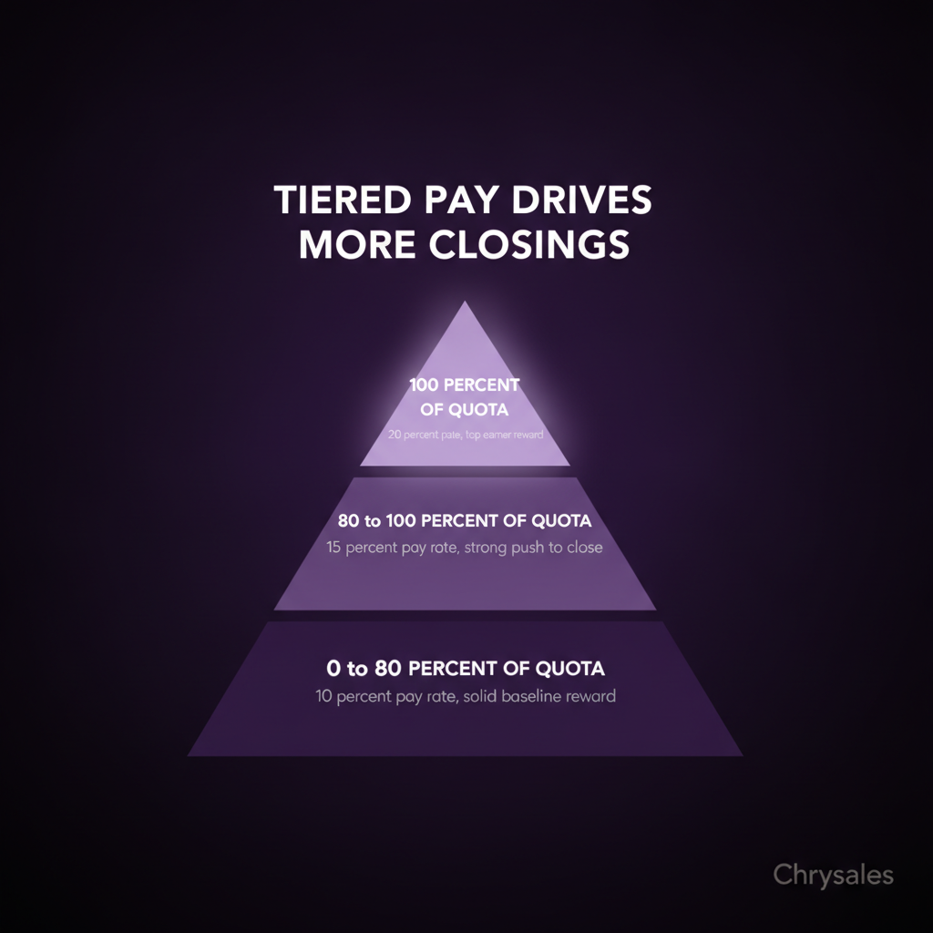 Pyramid chart showing tiered commission rates rising from 10 to 20 percent at quota