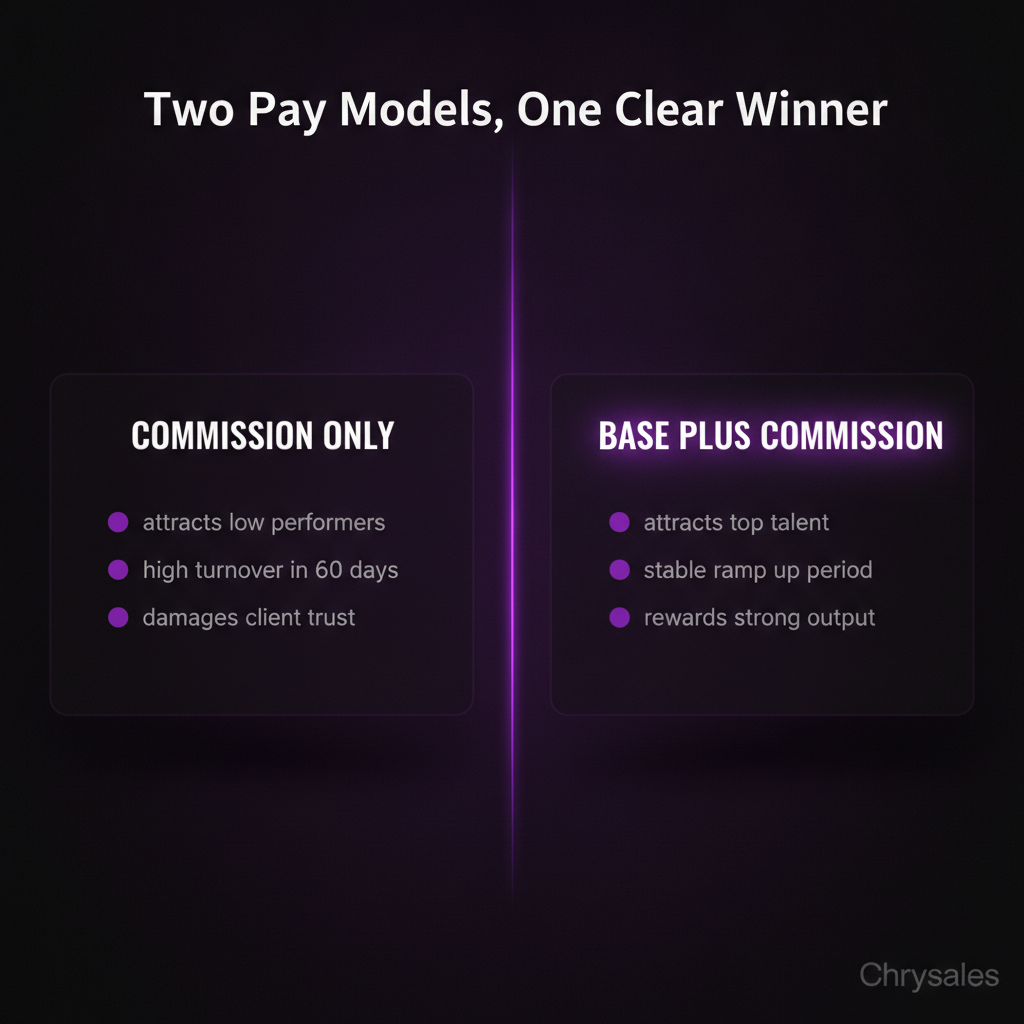 Side by side comparison of commission only versus base plus commission sales pay models