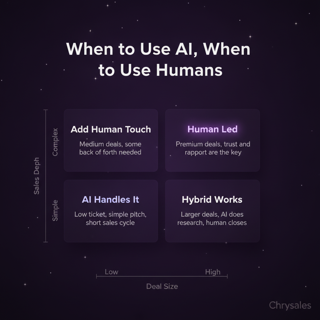 Matrix showing when to use AI versus humans in B2B sales by deal size