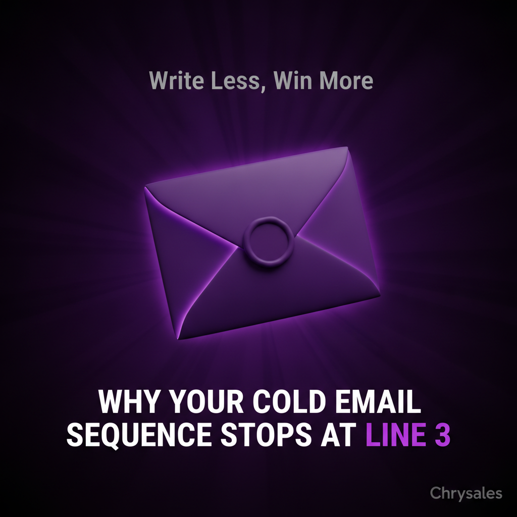 Glowing 3D envelope icon with bold headline about cold email sequences stopping at line three
