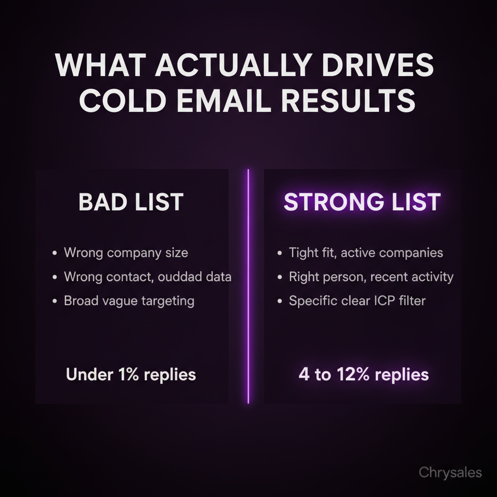 Split comparison showing bad list versus strong list impact on cold email reply rates