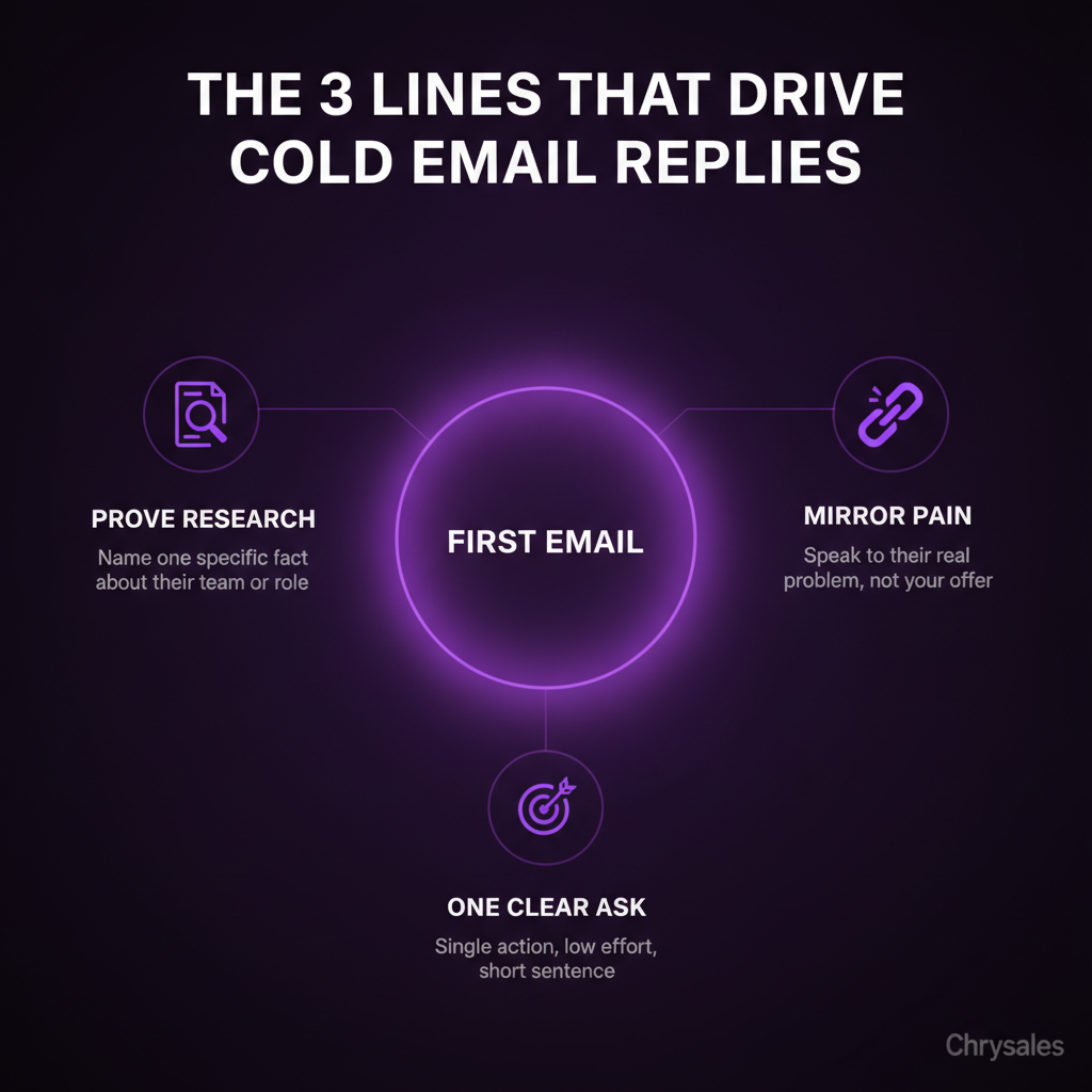 Hub and spoke diagram showing the three lines that drive cold email reply rates