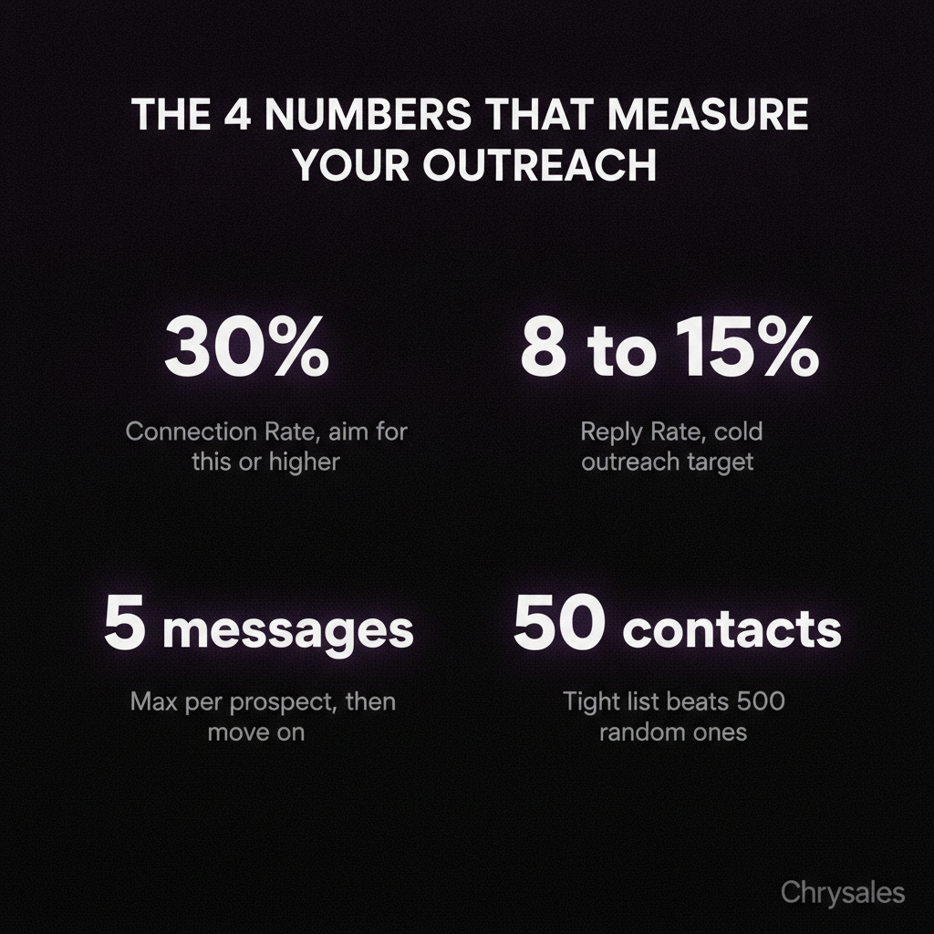 Four key B2B LinkedIn outreach metrics displayed as large bold numbers on dark background