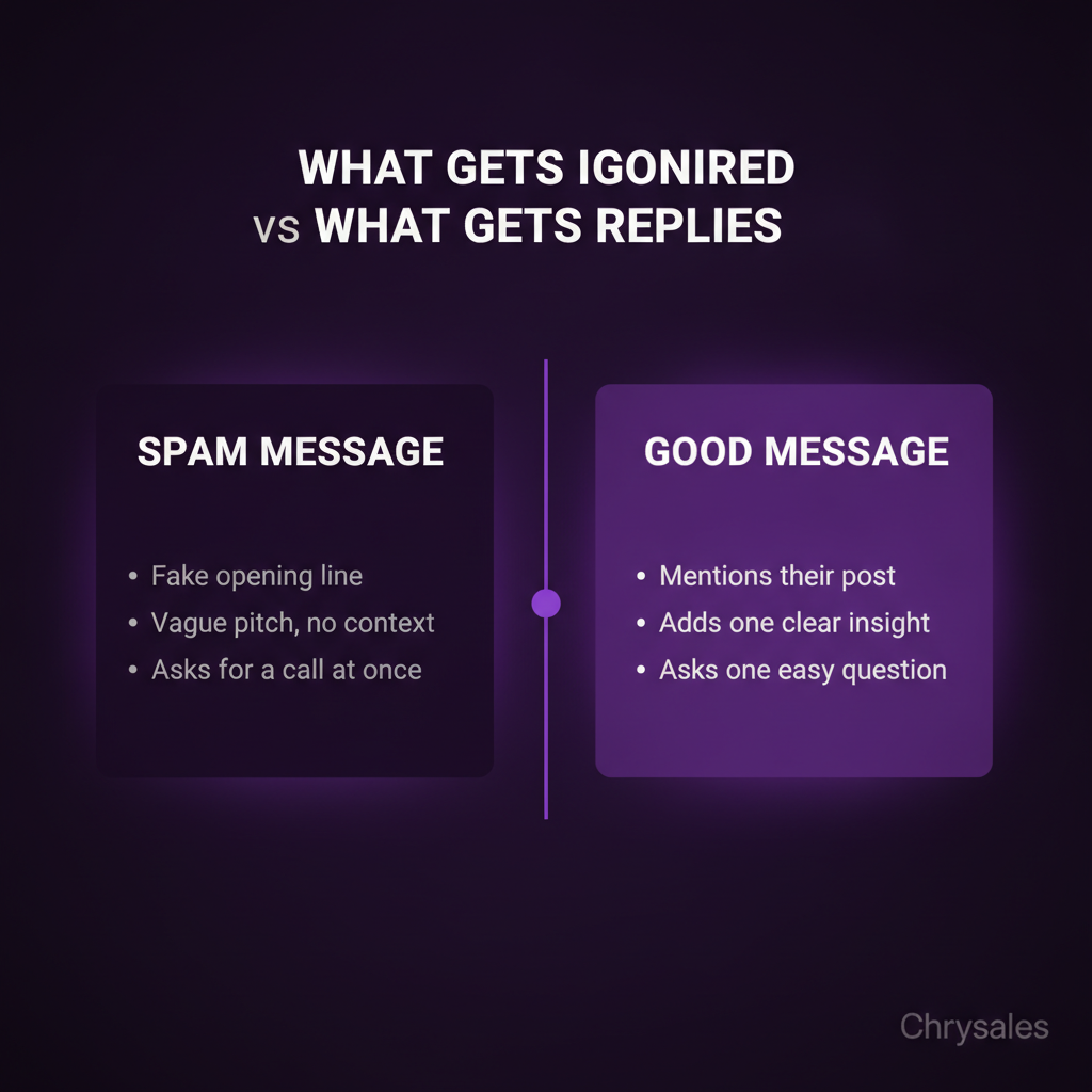 Side by side comparison of spam LinkedIn messages versus good outreach messages